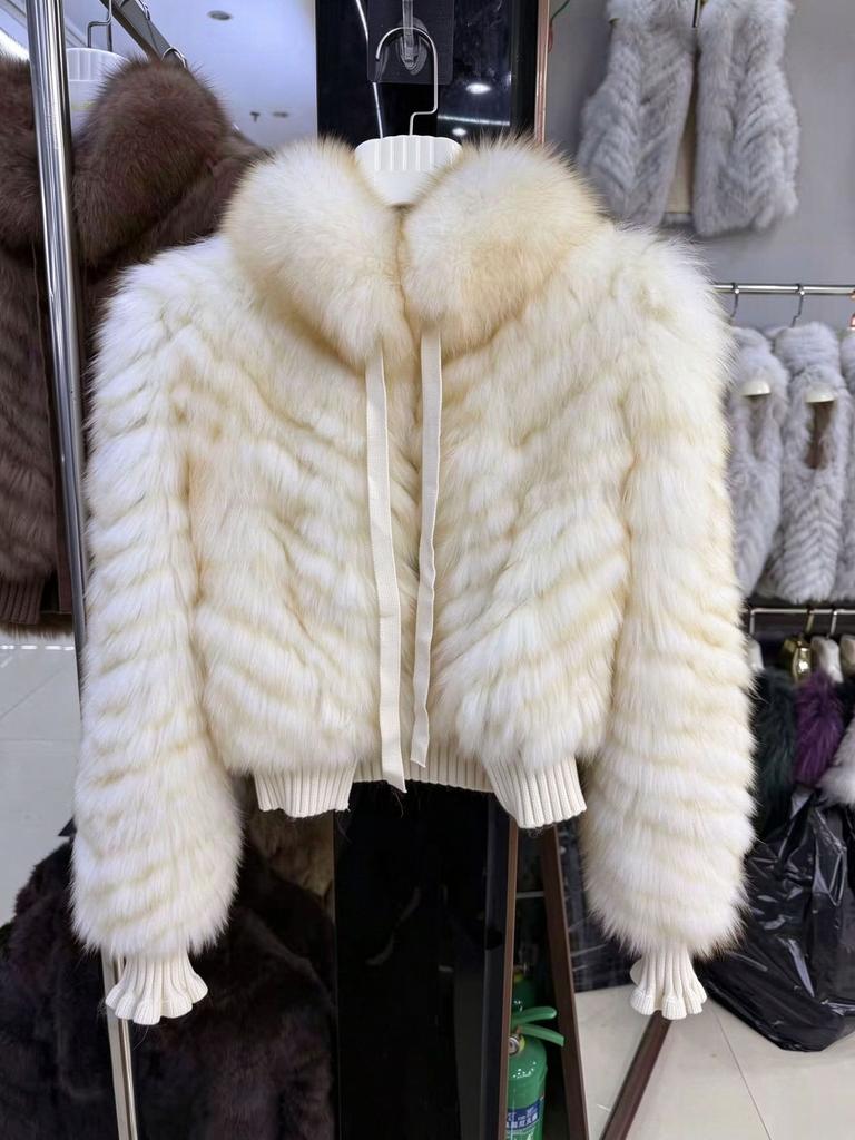 Winter new natural real fox hair strips splicing knitted jacket fashion temperament versatile fur short women