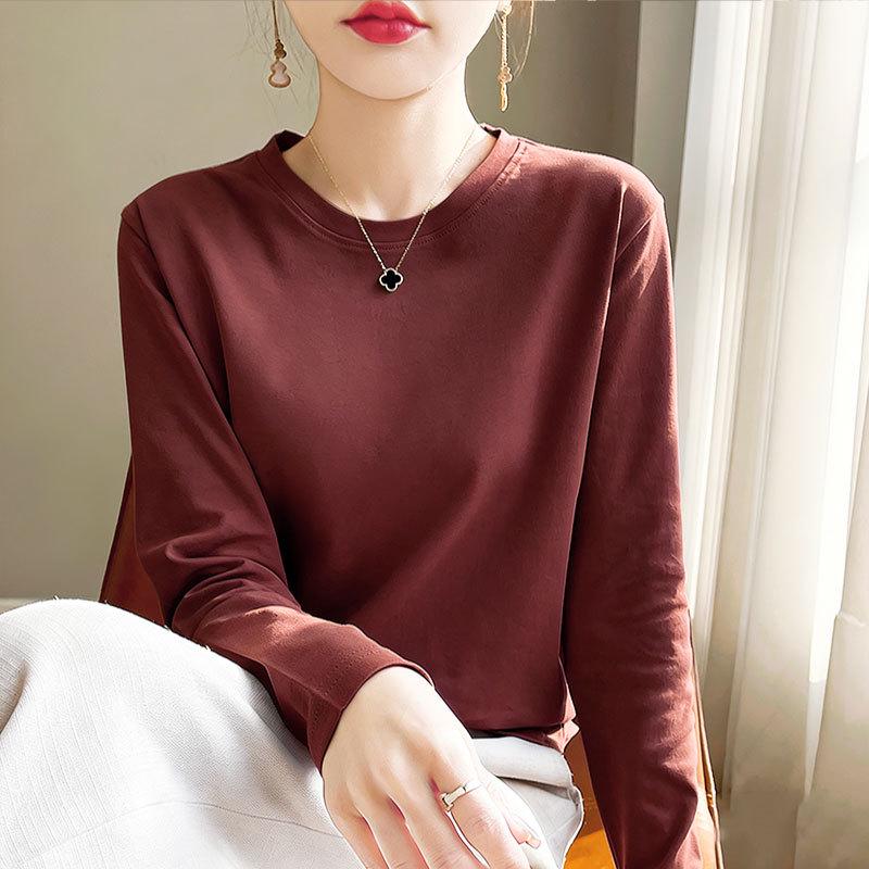 Women's Long-Sleeve Round Neck Loose Base Layer Top, Spring/Autumn Style, Dropped Shoulders, Solid Color
