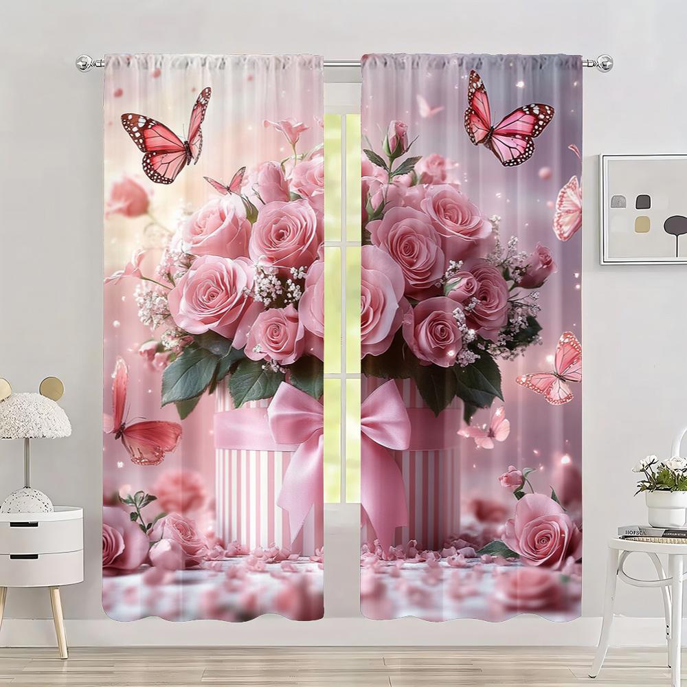 

Party Window Curtains Pink Butterflies Rose Gift Versatile Polyester Without Electricity Festive Backdrops Perfect Made Of W100*H70(CM)-Rod Pocket&1PCS