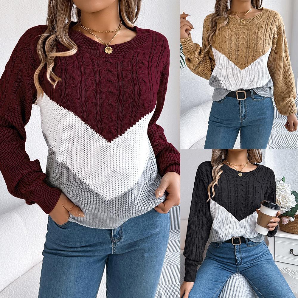 Women's Autumn/Winter Sweatshirt-Style Casual Colour-Block Cable-Knit Bell-Sleeve Pullover Loose-Fit Knitted Top for Ladies
