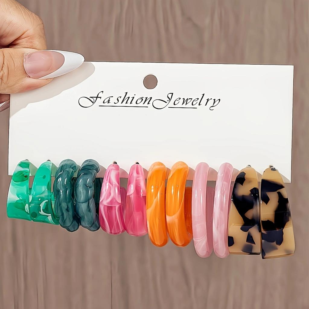 Color Creative Earrings Women's Acrylic C-shaped Mixed Color Resin Earrings 1 Pair Combination Set Exaggerated Earrings