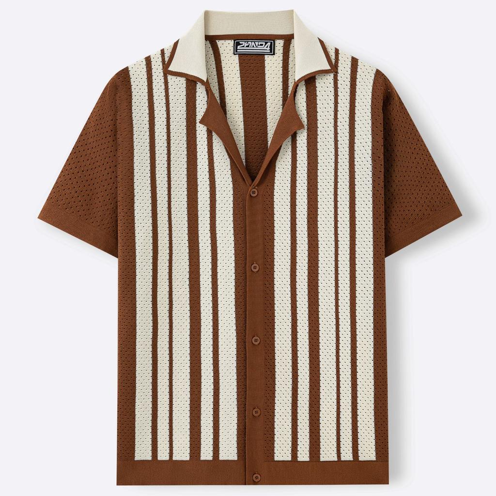Herren Gestrickte Kurzarmhemden Lässig Atmungsaktiv Knopfleiste Kragen Gestreifte Hemd Tops Sommerurlaub Vintage Strick Golf Strandhemden Oberteil für Herren