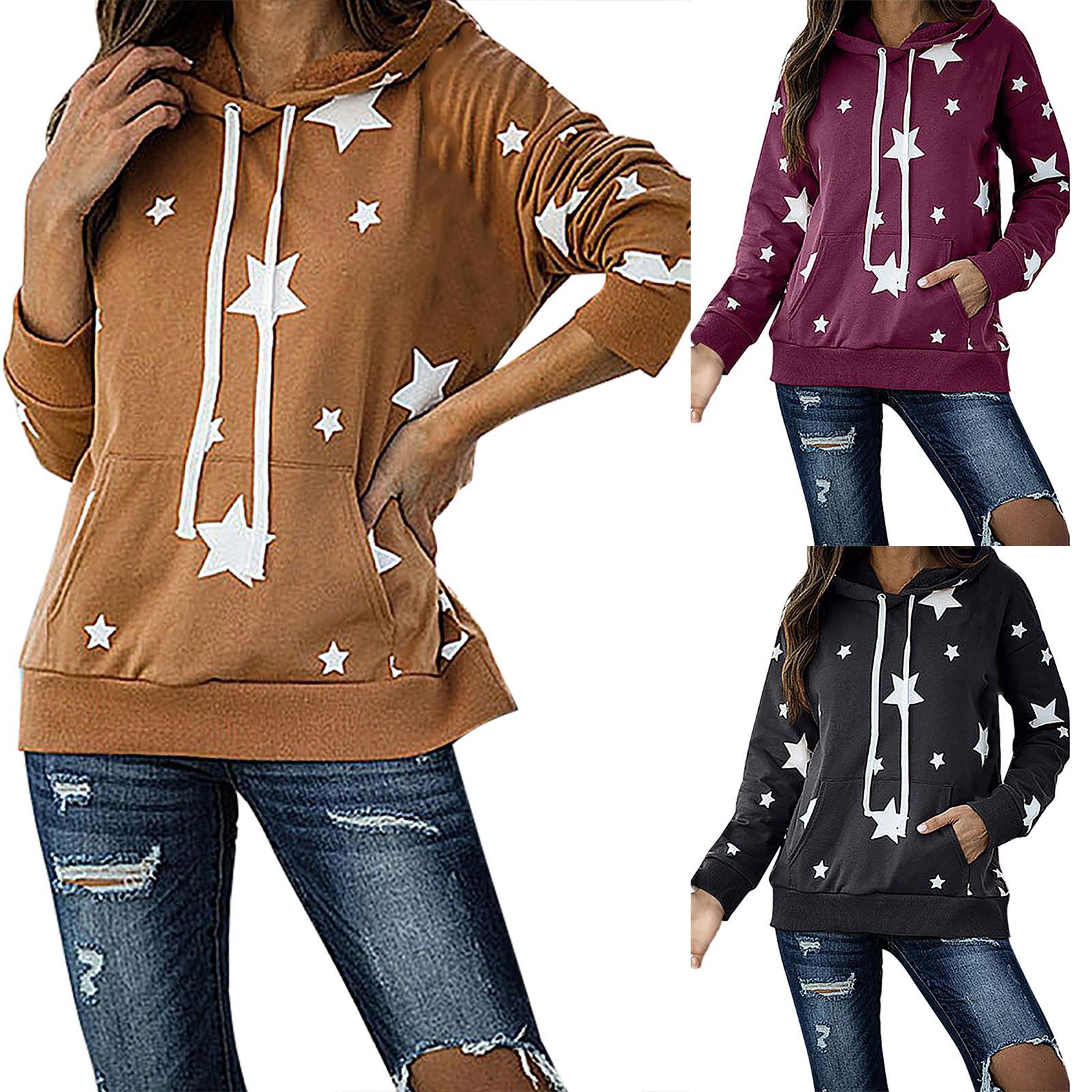 

Women s Casual Fashion Loose Star Print Hooded Pocket Long Sleeve Tops M фиолетовый