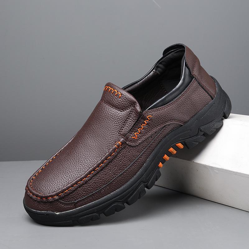 Men's British Style Slip-On Leather Shoes - Round Toe, Wear-Resistant, Casual for Middle-Aged & Elderly