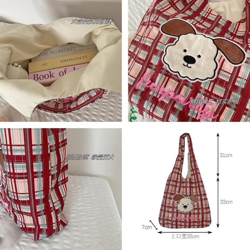 Carto Dog Plaid Stripe Women Shoulder Bags Corduroy Large Capacity College Girls Underarm Tote Bag Casual Female Vest Handbags