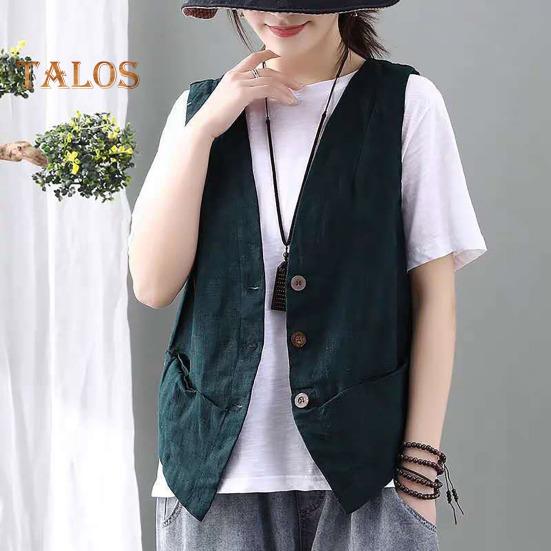 Lady Coat V Neck Single-breasted Sleeveless Solid Color Button Closure Retro Cardigan Waistcoat Daily Wear Casual Vest Top