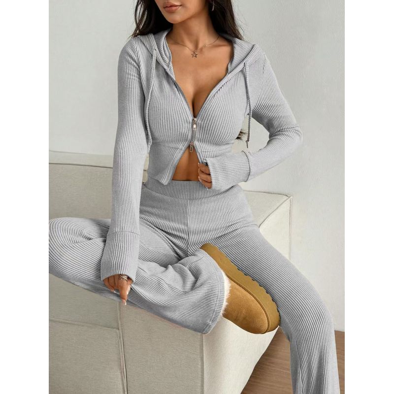 Western Style New Solid Slim fit Zip-up hood Top Casual Pants Two-piece Set Top and Pants Set