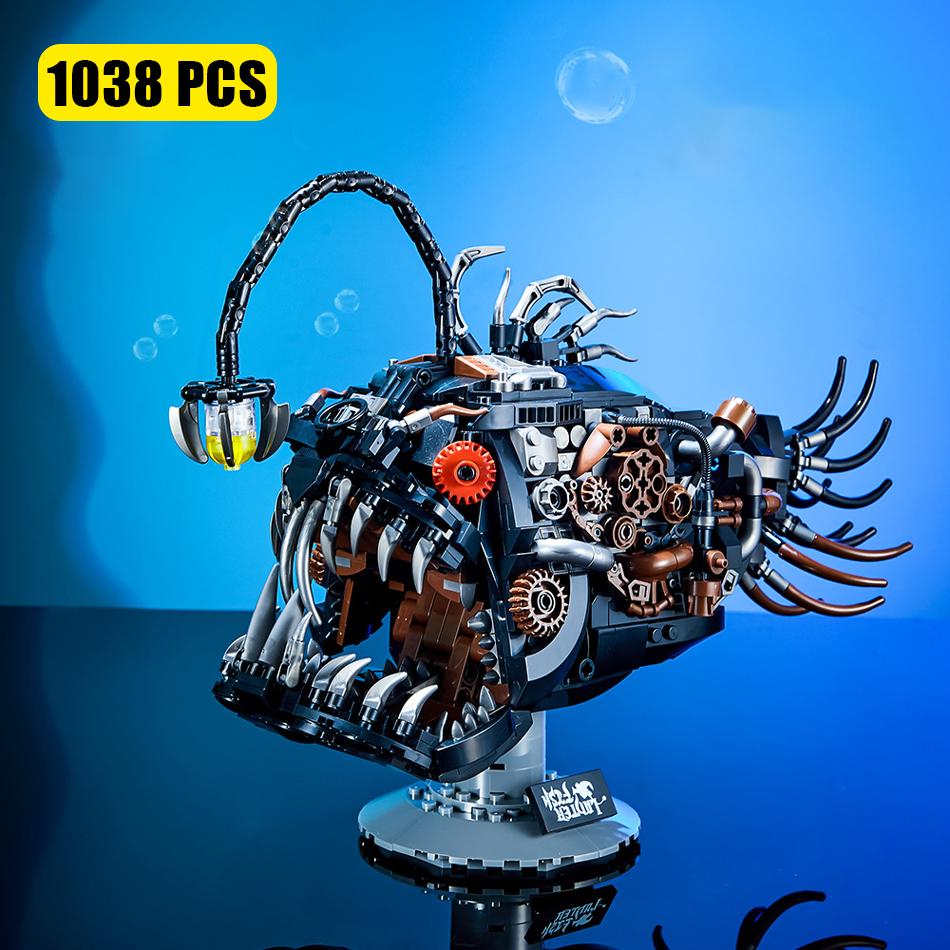 MOC Mechanical Anglerfish Model Building Blocks Set with LED Light Steampunk Deep Sea Creature DIY Bricks Toys Children s Gifts