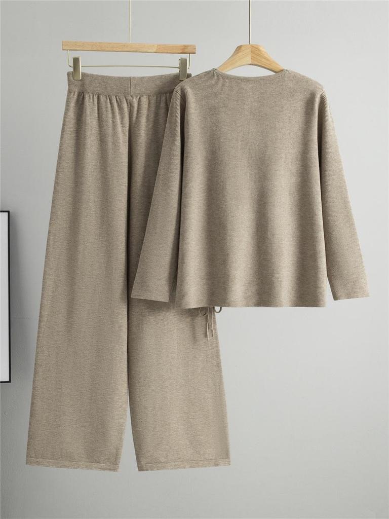 Women's Trendy Two-Piece Set: Drawstring Fake Two-Piece Sweater & Wide-Leg Pants - Long-Sleeved Knitwear for Spring & Autumn
