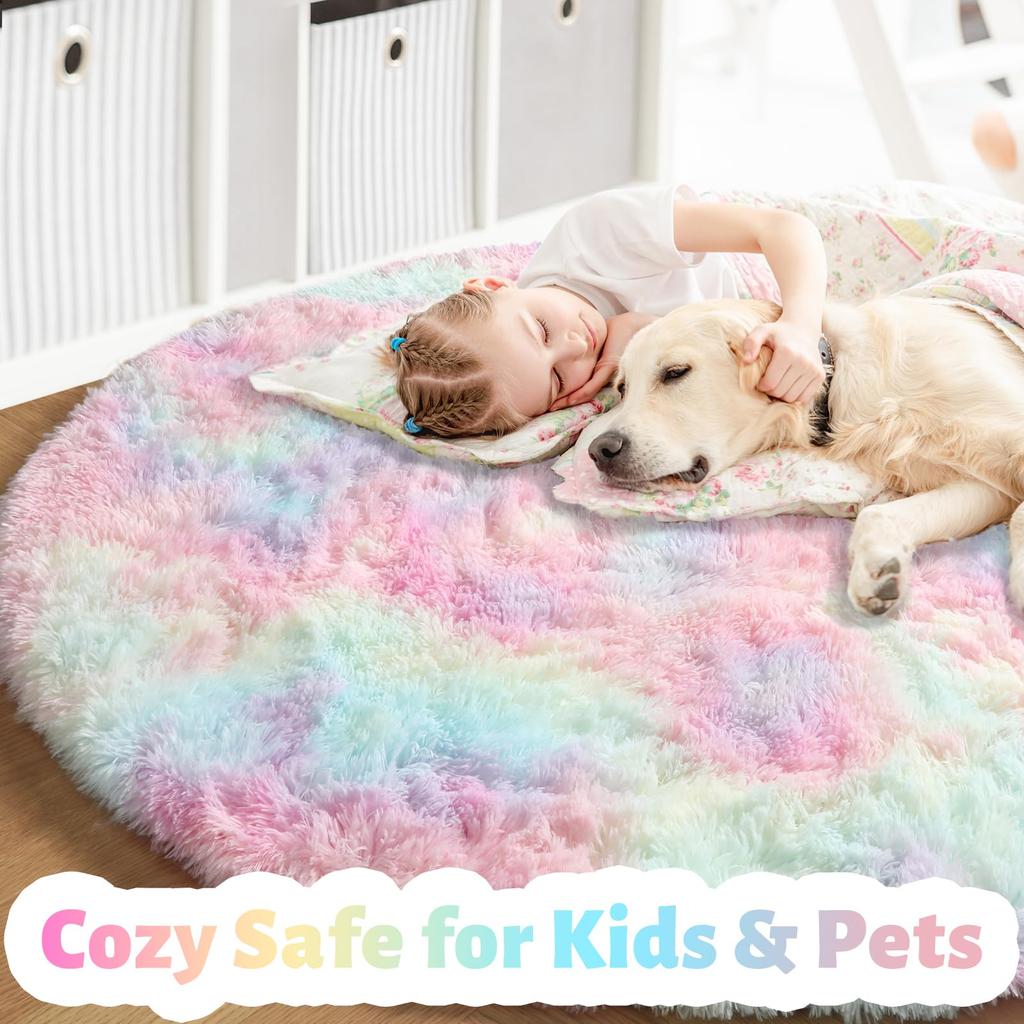 Rainbow Fluffy Round Rug for Girls Bedroom Home Decor Colorful Pastel Shag Circle Soft Cute Fuzzy Area Rugs Preppy Dorm