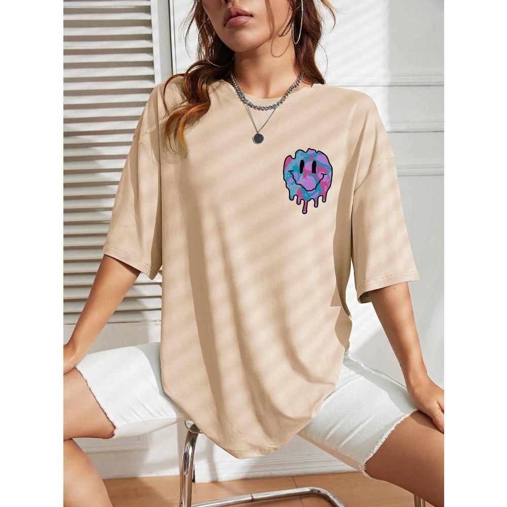 Lustiges Smiley-Gesicht Aufdruck Damen T-Shirt Street Casual T-Shirt Mode Weiche Kleidung Hip Hop Atmungsaktive T-Shirts Damen