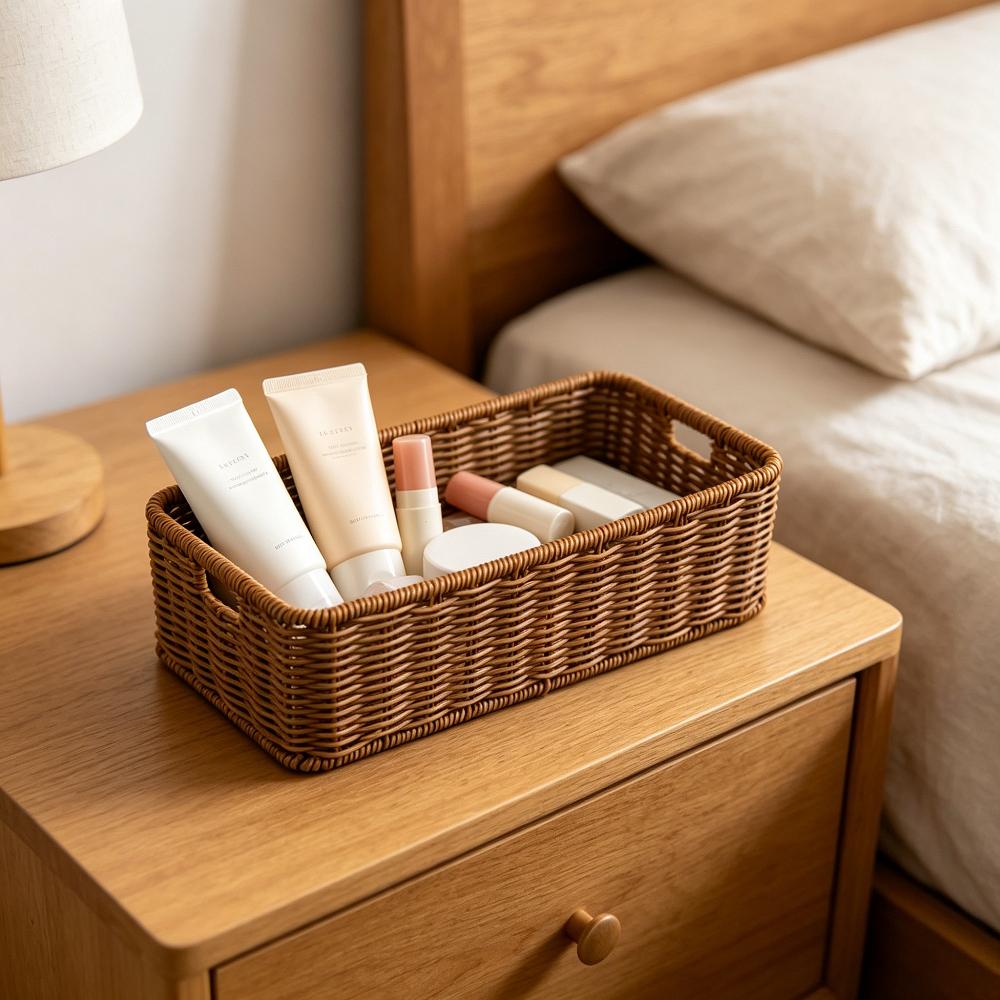 Handwoven Imitation Rattan Wine Basket with Lid Rustic Farmhouse Storage Box for Home Hotel Kitchen Bar Decor Wine Gift Basket