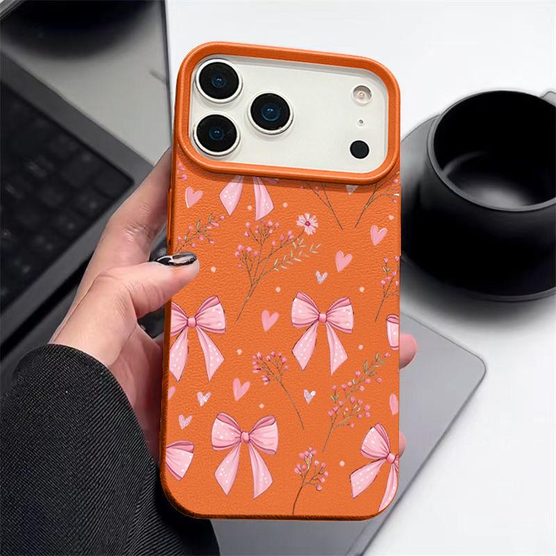 

Чехол для iPhone 17 Pro Max Розовые Бантики Цветочный Узор Кожаная Текстура Силиконовая Накладка для iPhone 16 Pro Max 15 14 13 12 11 Air 16E iPhone 13 Pro оранжевый