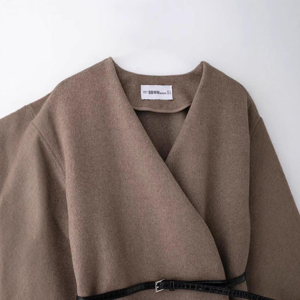 2024 Autumn Women’s European-American V-Neck Long Sleeve Jacket with Belt