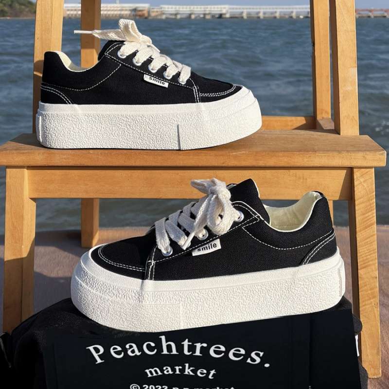 Ins Trendy Shoes Classic Black Platform Heightening Canvas Shoes Women's 2025 Summer New Korean Version Versatile Muffin Board Shoes