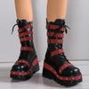 New Autumn-Winter Women'S Fashion Thick-Soled Mid-Calf Boots With Lining, Warm Dark Punk Style, Side Zipper, Wedge Heel