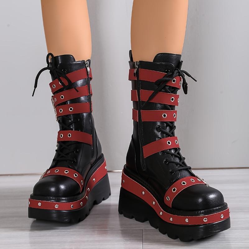 New Autumn-Winter Women'S Fashion Thick-Soled Mid-Calf Boots With Lining, Warm Dark Punk Style, Side Zipper, Wedge Heel