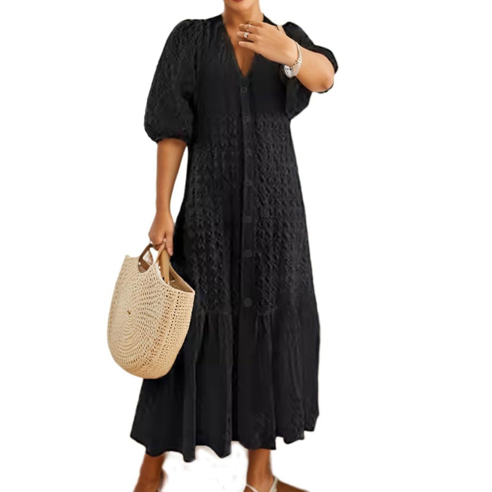 Women s Casual V-Neck Button Pleated Loose Casual Dress Button Pleated Loose Casual Dress L чёрный