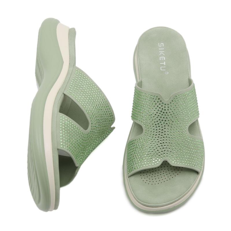 Mode Frühling und Sommer Bequem Atmungsaktiv Lässig Strass Damen Rutschfeste Strand Keilpantoletten Draußen Modisch Tragen