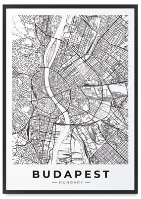 Poster Budapest Stadtplan in schwarzem Rahmen