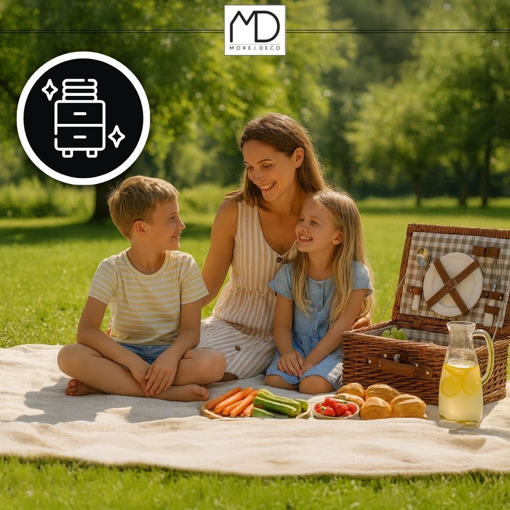 Picknickkorg korg flätad set för 4 personer kylväska bestick tallrikar MORE&DECO