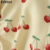 VONDA Women Summer Doll Collar Puff Sleeve Buttons Up Print Casual Blouse