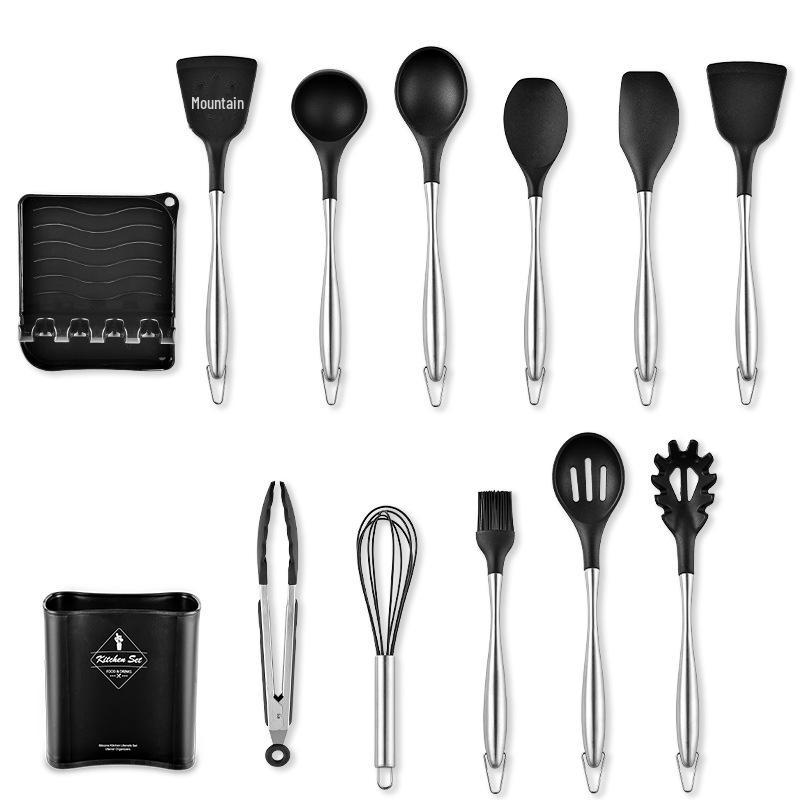 12-Piece Stainless Steel & Silicone Kitchen Utensil Set with Storage Bucket: Spatula, Spoon, Whisk Set