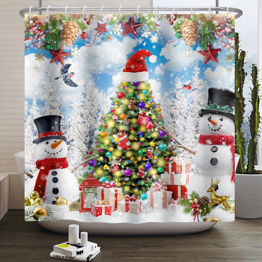Christmas Shower Curtain Snowflake Snowman Winter Forest Bathroom Bathtub Decoration Waterproof Fabric With Hooks