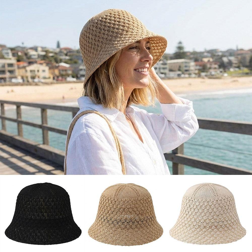 New Straw Weave Fisherman Cap Breathable Floppy Wide Brim Bucket Hat Hollow Out Foldable Women's Summer Hat Female