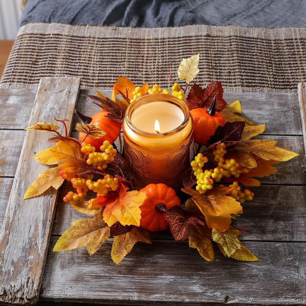 Fall Candle Ring for Pillar Artificial Candle Garland Decor Harvest Maple Leaves Pumpkins Berries Garland for Fall Thanksgiving