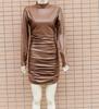 2022 Women's Faux Leather Stand-up Collar Pleated Bodycon Dress - European & American Fashion