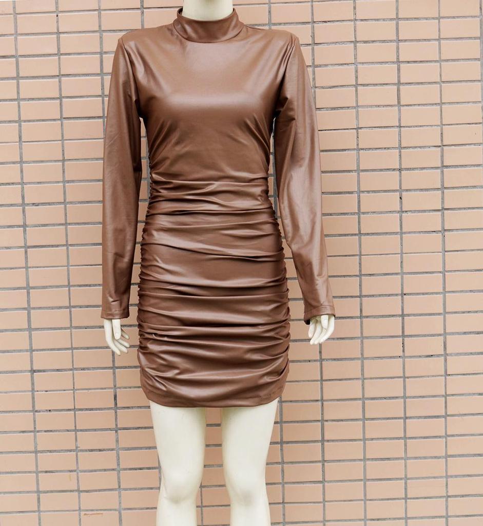 2022 Women's Faux Leather Stand-up Collar Pleated Bodycon Dress - European & American Fashion
