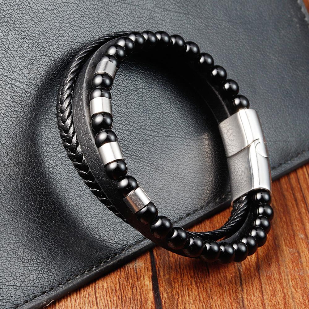 Black Leather Rope Cowhide Men's Double Layer Genuine Leather Woven Bracelet Handmade Multilayer Leather Bracelet 2026