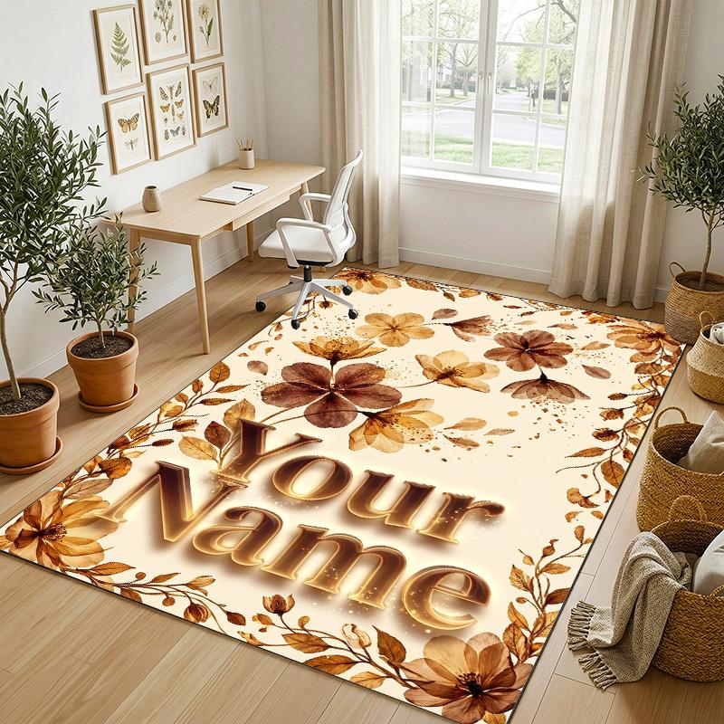 Floral Garden Theme Crystal Velvet Rug Personalized Custom Name Text Soft Floor Mat Home Decor
