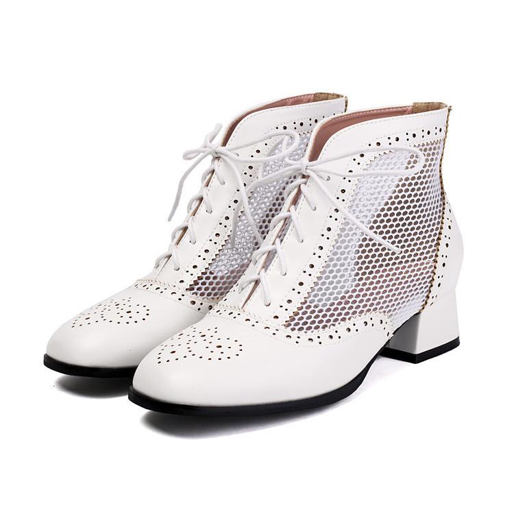 

Летние ботильоны Женские сандалии Круглый носок, Толстый каблук, Ажурная вставка, Завязка спереди, Крутые ботинки Обувь на платформе Женская 43 белый