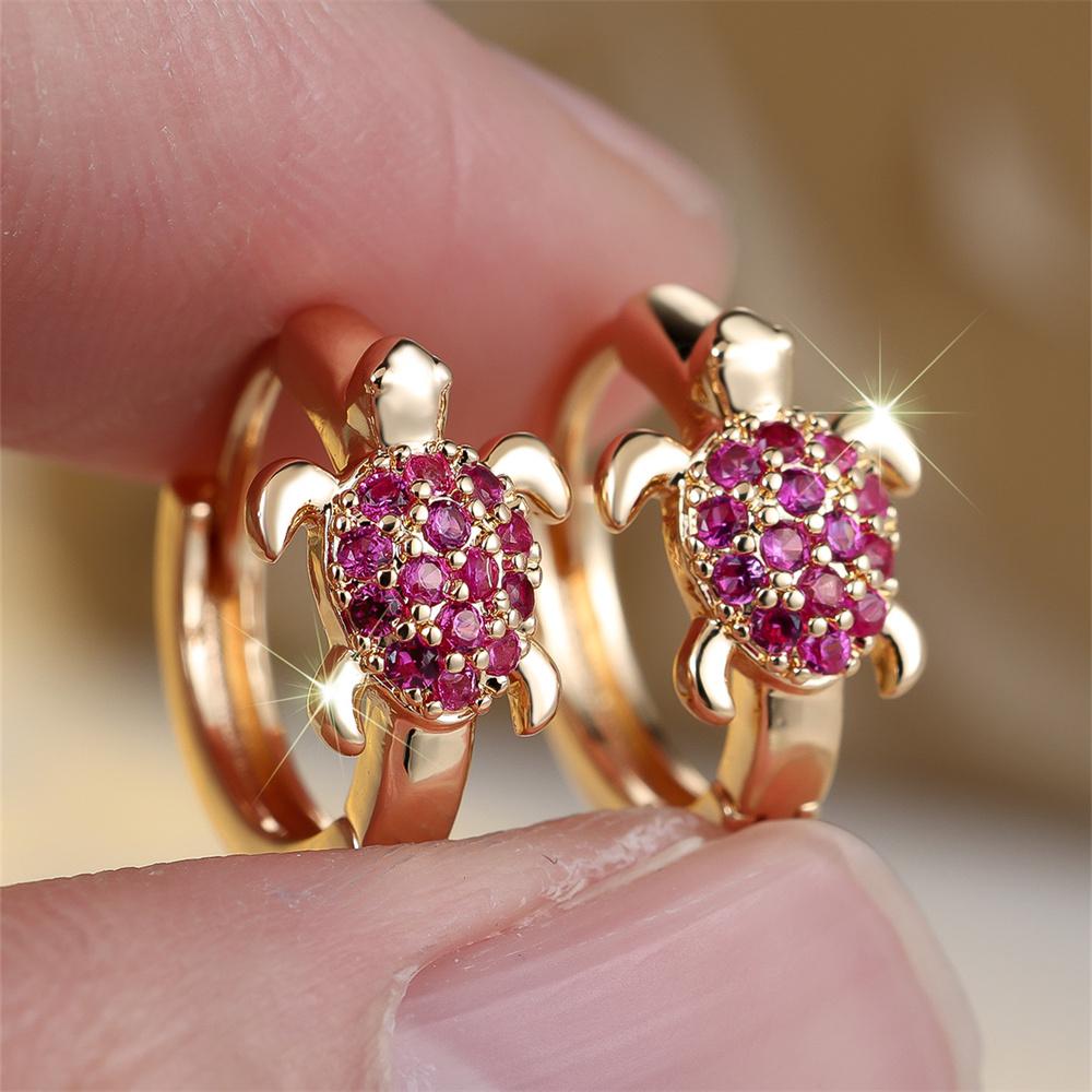 Vintage Green Zircon Cute Sea Turtle Hoop Earrings For Women Boho Gold Color Small Ear Buckle Wedding Jewelry Mother's Day Gifts