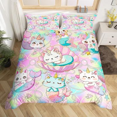 Kids Unicorn Duvet Cover Sinngle Queen King, Cute Cat Cartoon Comforter Cover with 2 Pillowcase Colorful Fish Scale Bedding Set
