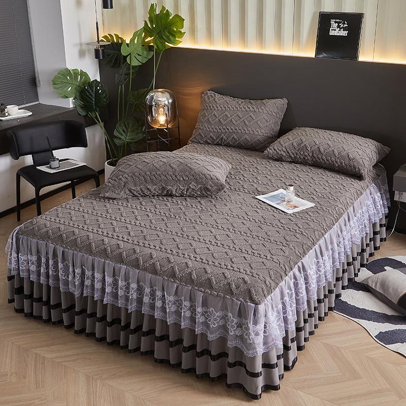 Autumn Winter New Taffeta Single Bed Skirt French Lace Trim Fleece Thickened Coral Fleece Bed Cover