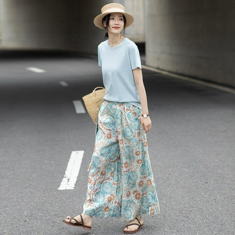 Summer Literary Retro Printing Loose Wide-leg Pants Nine-point Casual Culottes Women