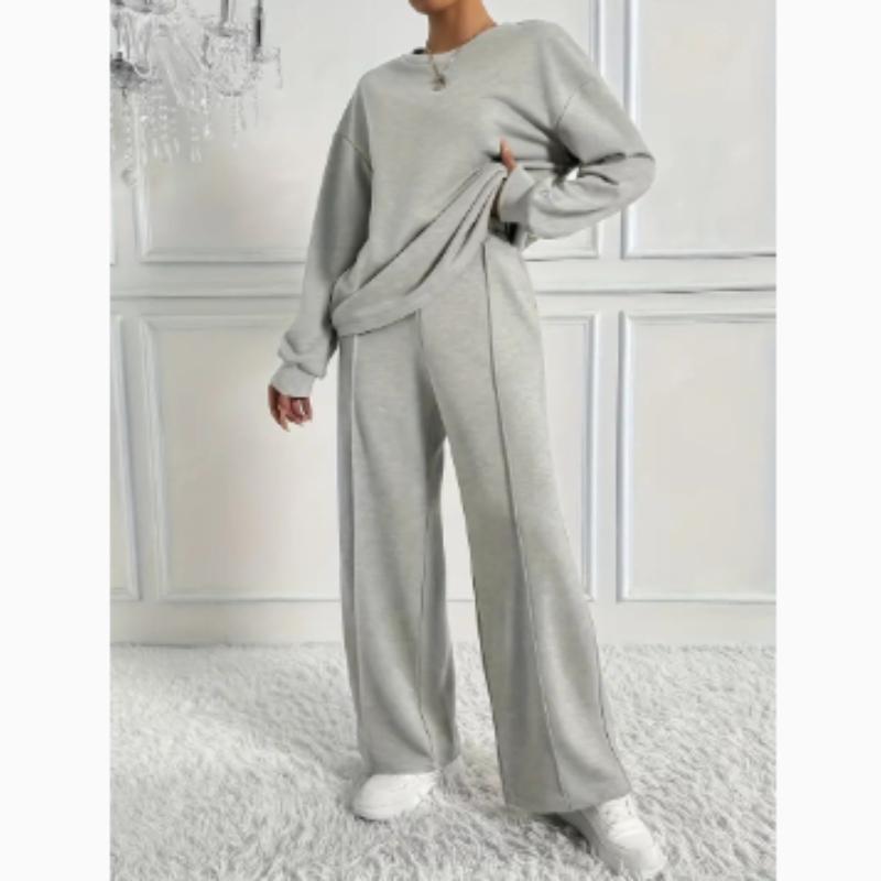 Completo due pezzi da donna casual con scollo rotondo e maniche lunghe, felpa e pantaloni a gamba larga, moda autunno inverno da donna, outfit da ufficio