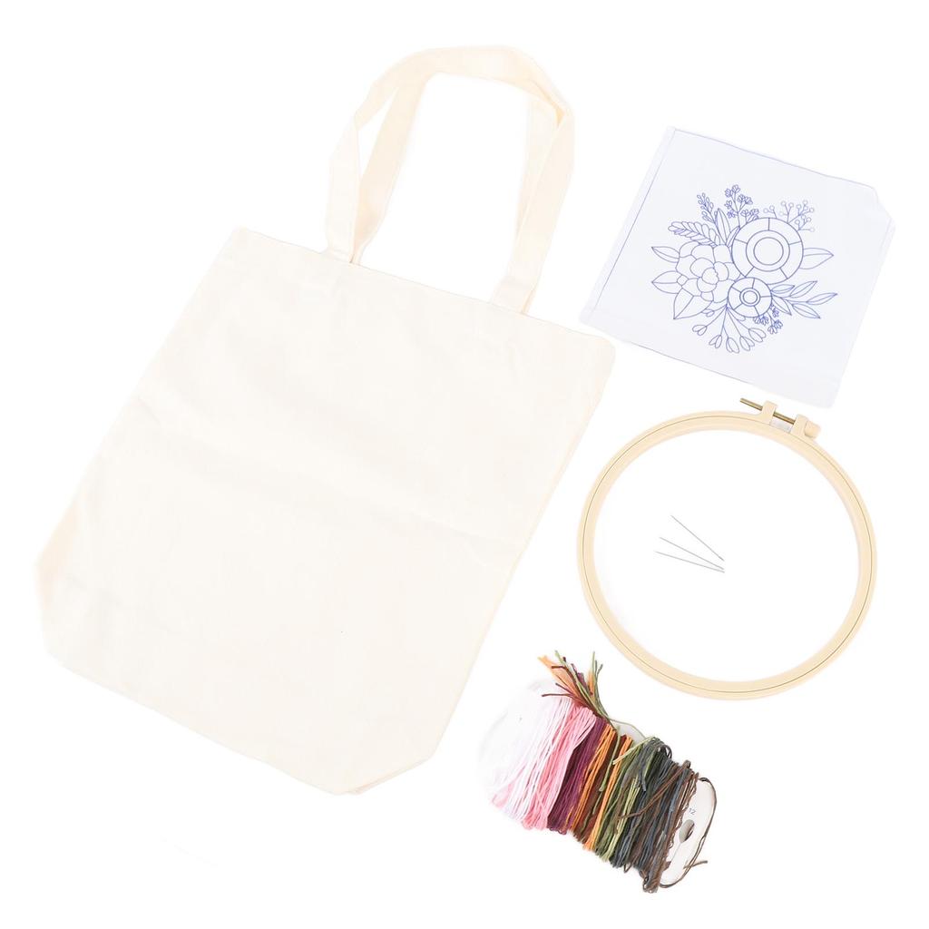 Canvas Bag Embroidery Kit with Pattern Embroidery Hoops Color Threads Arts DIY Crafts Kits for