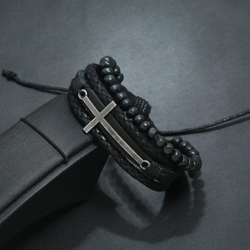 Retro Cross Layer Bracelet For Men Punk Black Hand Woven Cowhide Leather Adjustable Bead Bracelet Accessories Christian