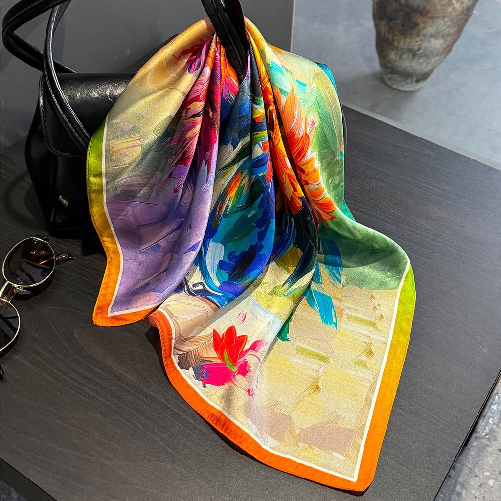 Luxury 100% Mulberry Silk Scarf Women Oil Floral Print Bandana Shawl Lady Neckerchief Handkerchief Female Decorative Wrap 53cm