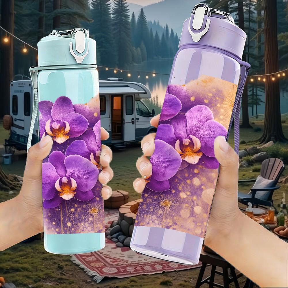 1PC Purple Orchid Vintage Floral Print 750ml Color Plastic Sports Water Bottle Leakproof Flip Straw Lid Suitable for Sports Office Home Use