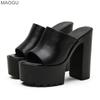 14CM Super High Heel Platform Mules Women Outdoor Slippers Peep Toe Slip On Sandals PU Black White Size 35-42 Zapatos De Mujer