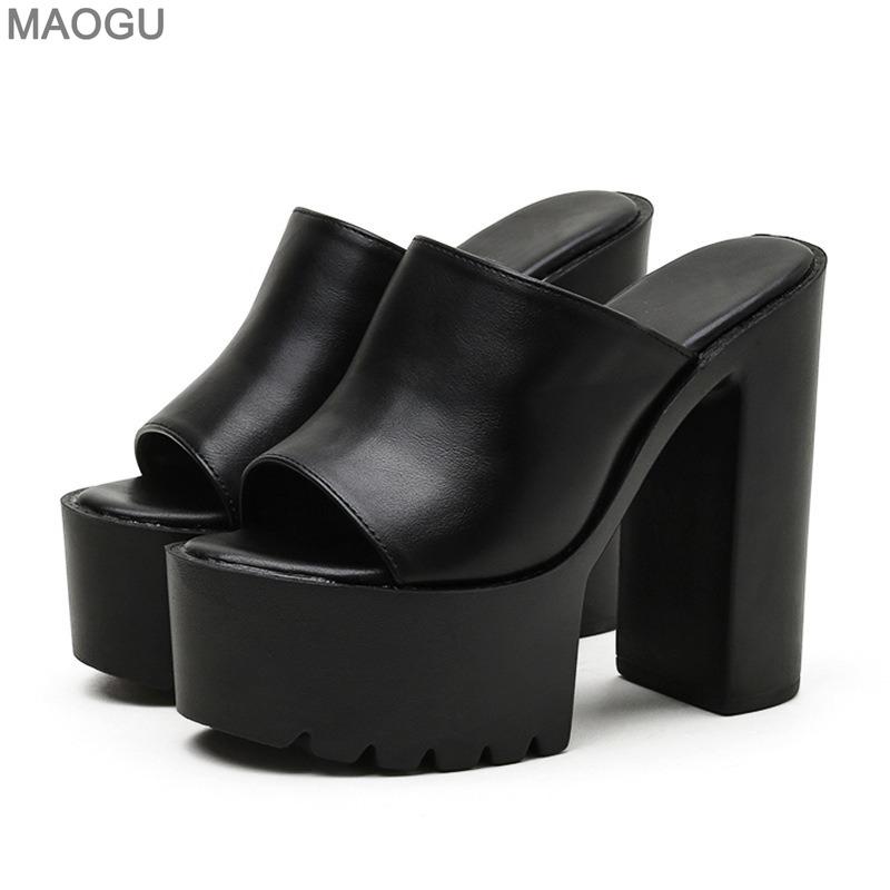 14CM Super High Heel Platform Mules Women Outdoor Slippers Peep Toe Slip On Sandals PU Black White Size 35-42 Zapatos De Mujer
