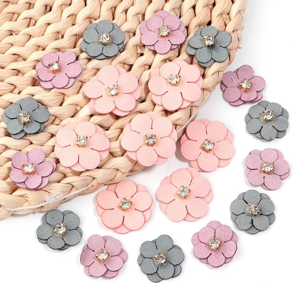 20Pcs Imitation Leather Flower with Diamond Colorful Fabric Flowers for Headdress Clothing Patches Hairpin Brooch Accessories
