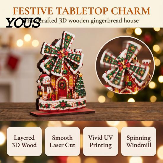 Handmade Christmas Atmosphere Props Windmill Wooden Ornament, Decorative Craft with Rotating Indoor Winter Holiday Display Blades, Figurine