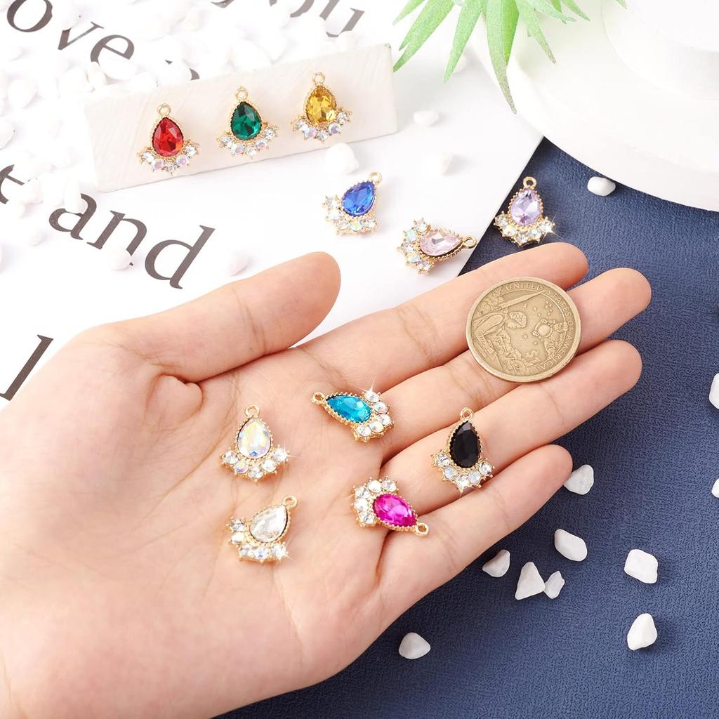 Cheriswelry 24Pcs Faceted Glass Teardrop Alloy Pendants Rhinestone Crystal Water Drop Dangle Charms 12 Colors 20x16x5mm for Necklace Bracelet Earring