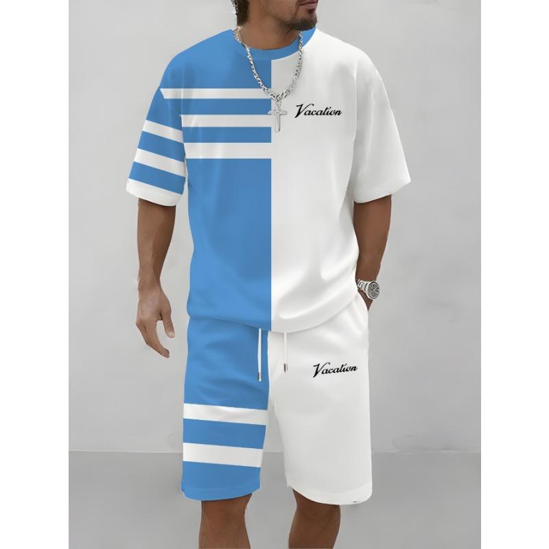 

Men s 3D Printing Suit: Blue and White Contrasting Striped Short-sleeved T-shirt + Casual Shorts of the Same Style - Fashionable 2pcs Set S